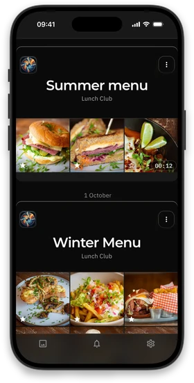 A client's CreateFu gallery on a phone: their Summer menu and Winter menu sessions, each with a Share button and a grid of photos