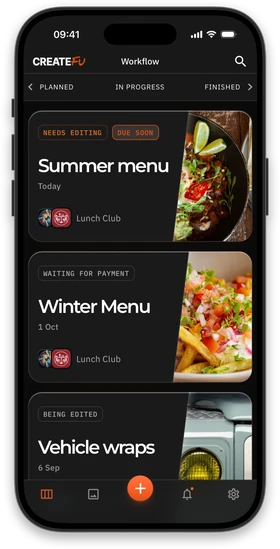 The CreateFu Workflow screen on a phone: sessions in progress, each showing its status, due date and client